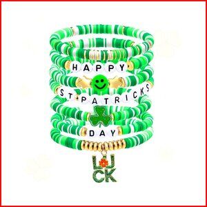 Stretch Shamrock Charm Bracelet Set, 7-Piece Green Beads, One Size